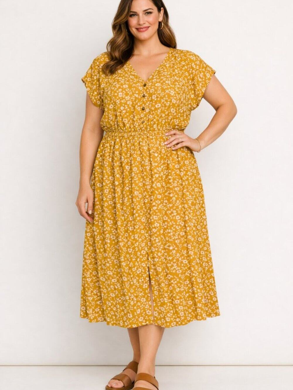 Studio B by Bobeau Mustard Floral Midi Dress Size XL